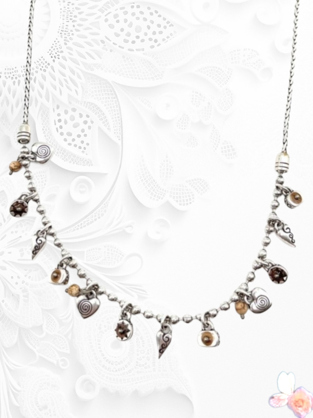 Brighton Tiddlywinks Charm Necklace Hearts Jasper Beads Dangle Silver Plated